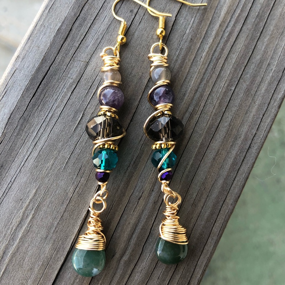 Handmade Celtic Moonstone Amethyst Gemstone Beaded Dangle Earrings
